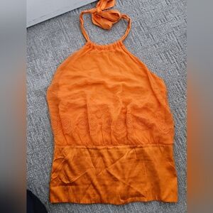Marciano orange 100% silk halter top with embroidered eyelets